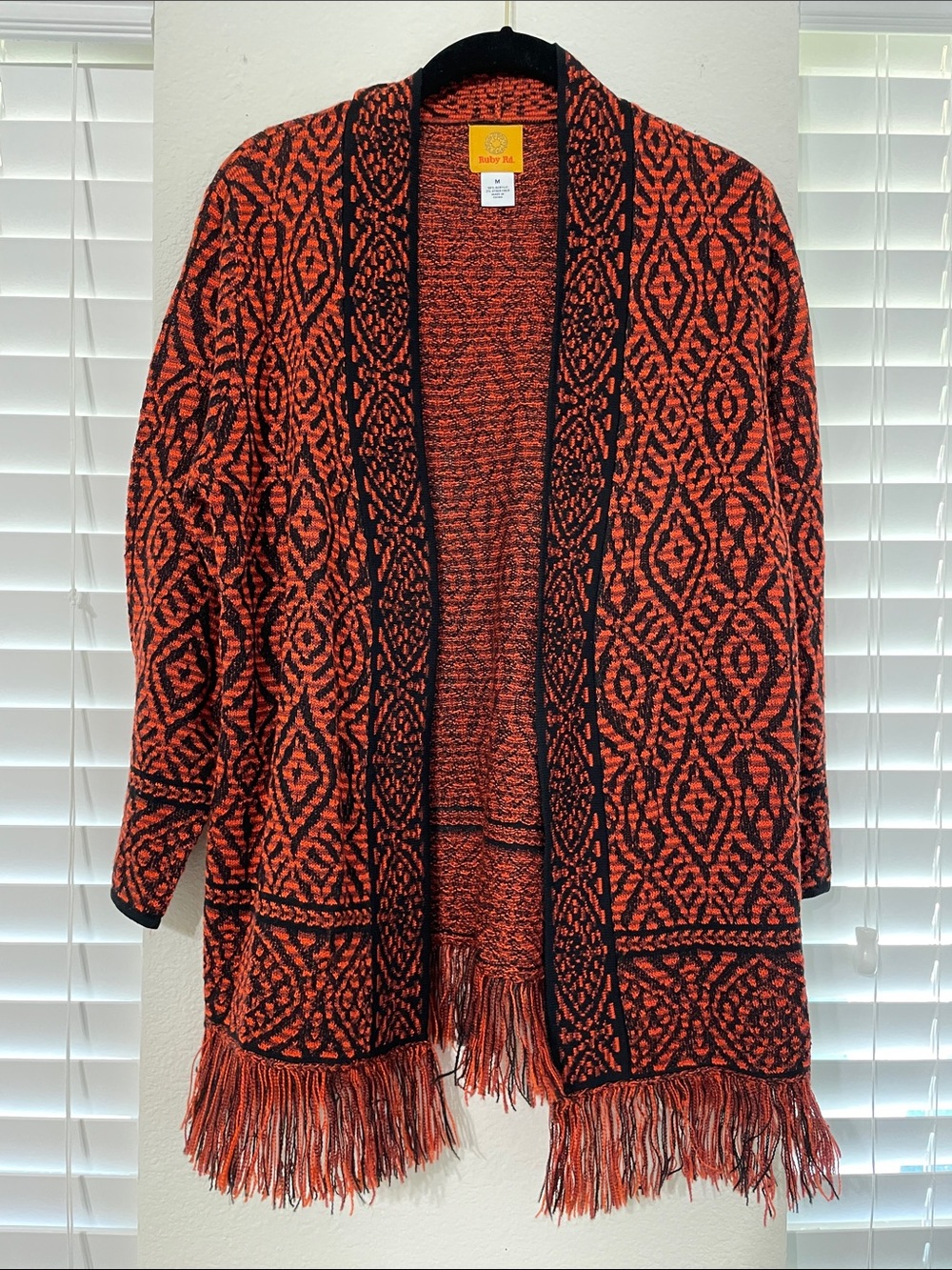 Ruby Rd. Orange & Black Geometric Fringe Open-Front Cardigan